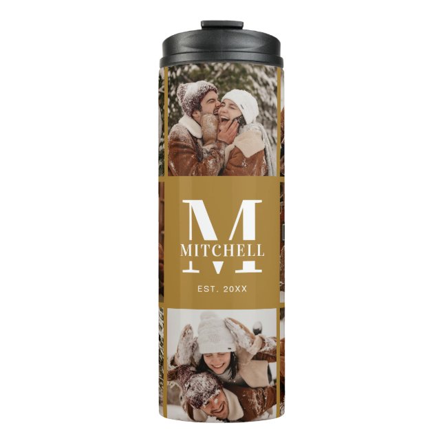 Stylish Vintage Gold Monogrammed & Photo Collage Thermal Tumbler (Front)