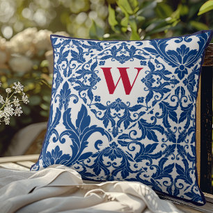 Stylish Vintage Navy Blue Damask Monogram Throw Pillow