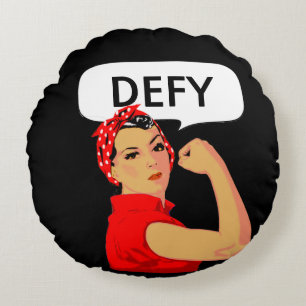 Stylish Vintage Strong Woman & Editable Defy Text Round Pillow