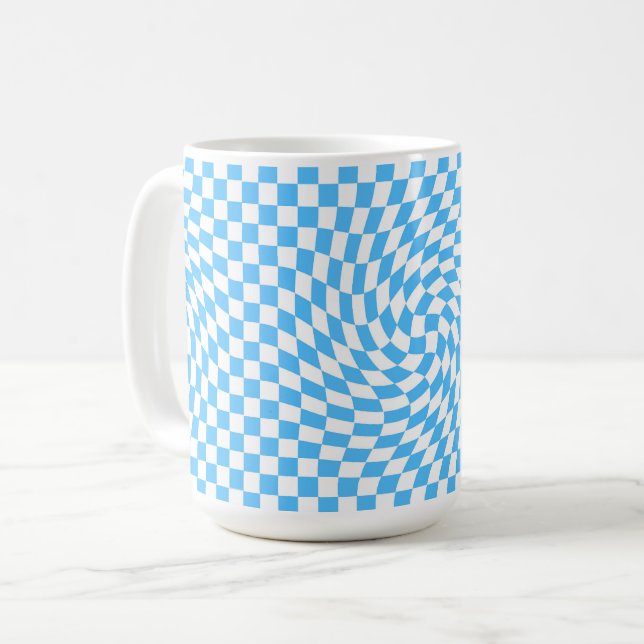 Stylish Warped Chequered Pattern Blue & White  Coffee Mug (Front Left)