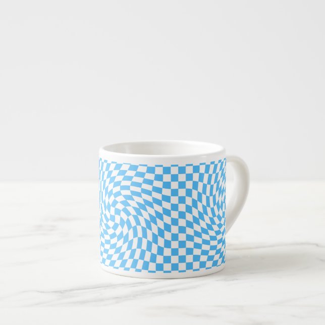 Stylish Warped Chequered Pattern Blue & White  Espresso Cup (Front Right)