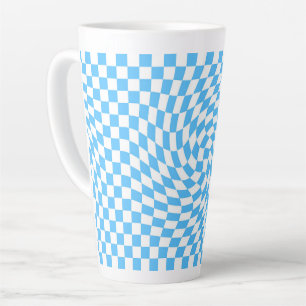 Stylish Warped Chequered Pattern Blue & White   Latte Mug