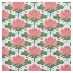 Stylish Water Lilies and Dragonfly on White Fabric