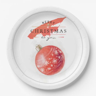 Stylish Watercolor Christmas Tree Red Ball Paper Plate