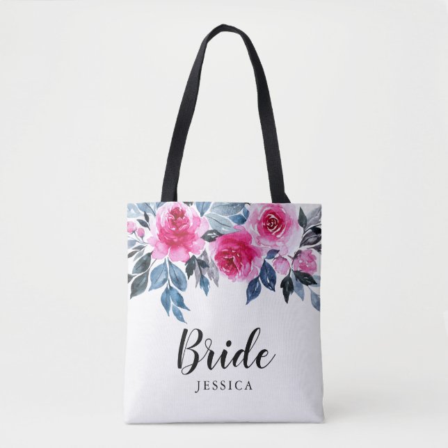 Stylish Watercolor Floral Bride Tote Bag (Front)