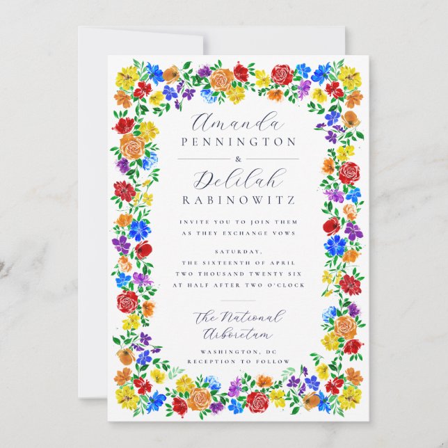 Stylish Watercolor Floral Frame Queer Wedding Invitation (Front)