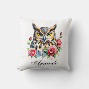 Stylish Watercolor Floral Owl Throw Pillow