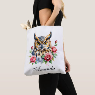 Stylish Watercolor Floral Owl Tote Bag