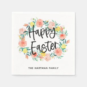 Stylish Watercolor Floral Wreath Happy Easter Name Napkin