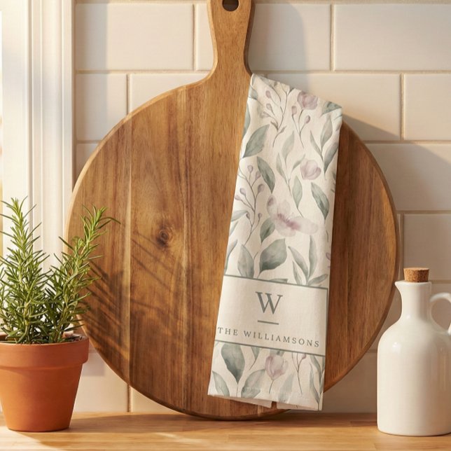 Stylish Watercolor Green Eucalyptus Monogram Kitchen Towel (Creator Uploaded)