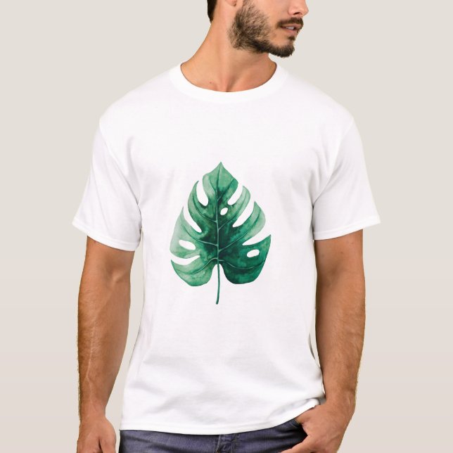 Stylish Watercolor Green Monstera Illustration T-Shirt (Front)