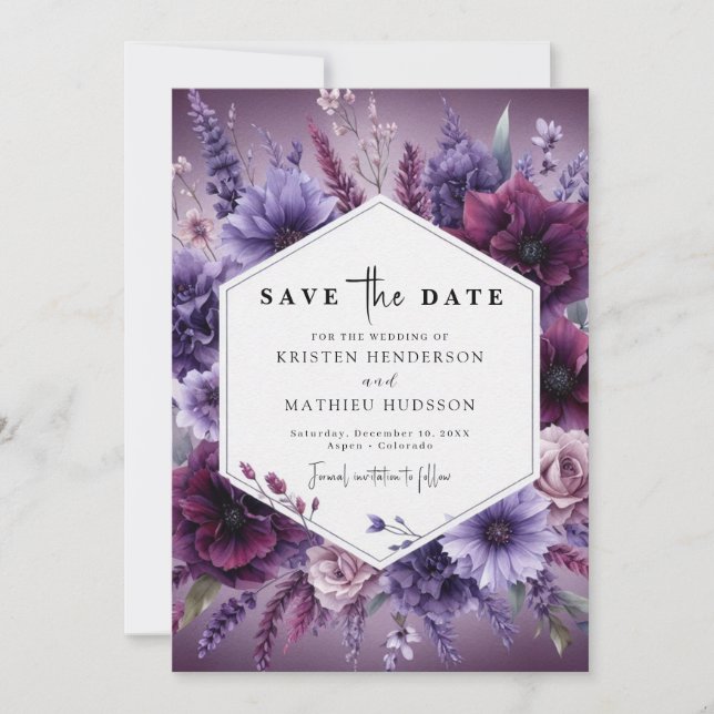 Stylish Watercolor Purple Floral Wedding Save The Date (Front)