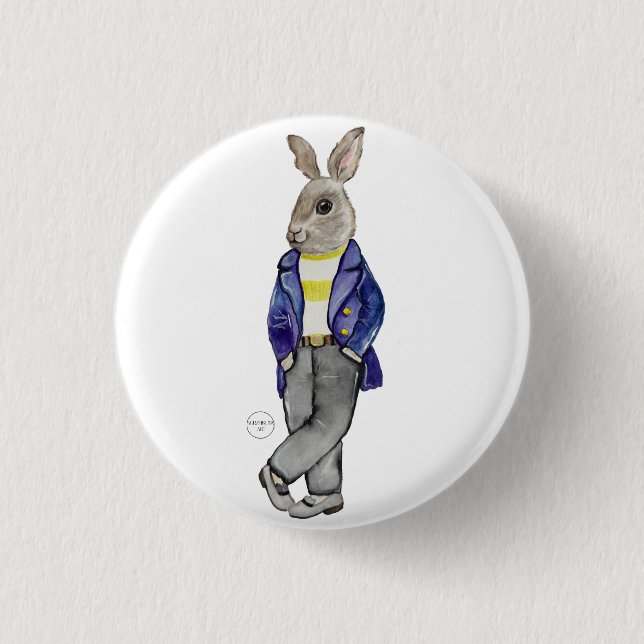 Stylish watercolor rabbit hand drawing 1 inch round button (Front)