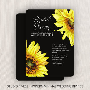 Stylish Watercolor Sunflower Black Wedding Shower Invitation