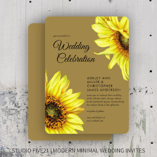 Stylish Watercolor Sunflower Gold Wedding Invitation
