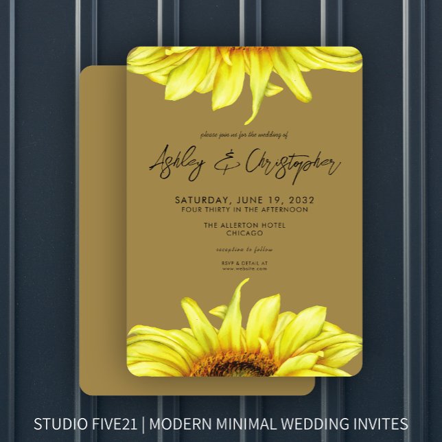 Stylish Watercolor Sunflower Gold Wedding Invitation (Creator Uploaded)