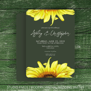 Stylish Watercolor Sunflower Moss Green Wedding Invitation