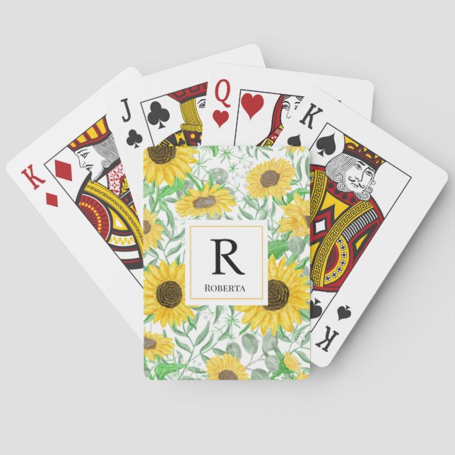 Stylish Watercolor Sunflowers Monogram Playing Cards (Back)
