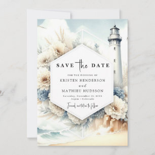 Stylish Watercolor Typography Lighthouse Wedding Save The Date