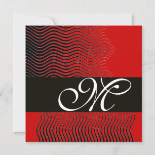 STYLISH WAVES MONOGRAM, black and white,red Invitation