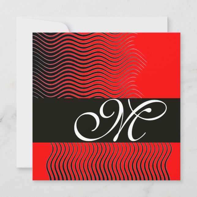 STYLISH WAVES MONOGRAM, black and white,red Invitation (Front)