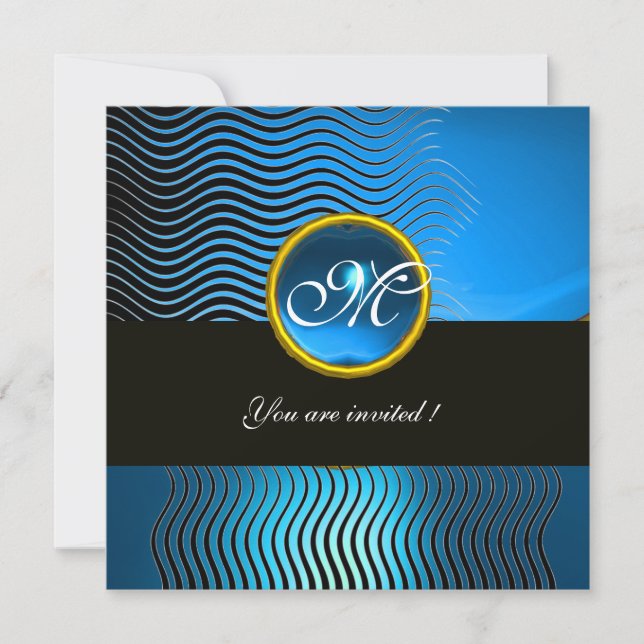 STYLISH WAVES MONOGRAM, blue sapphire Invitation (Front)