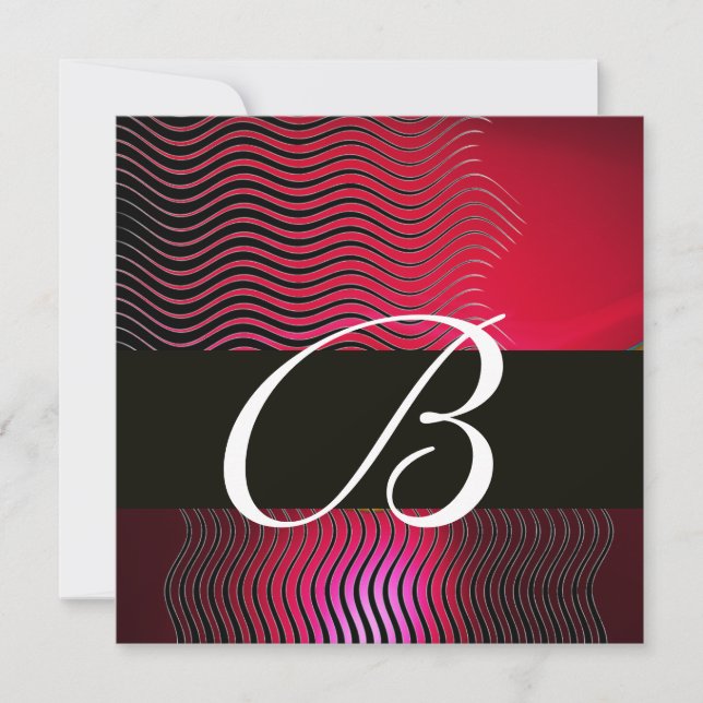 STYLISH WAVES MONOGRAM, Ruby Red Burgundy Invitation (Front)