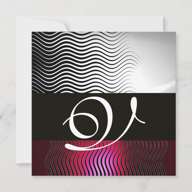 STYLISH WAVES MONOGRAM,White Red Ruby Burgundy Invitation (Front)