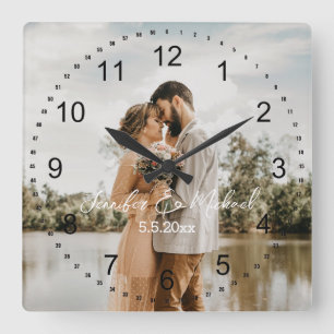 stylish wedding day photo black numbers square wall clock