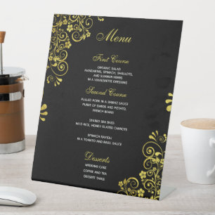 Stylish Wedding Menu Black Gold   Pedestal Sign