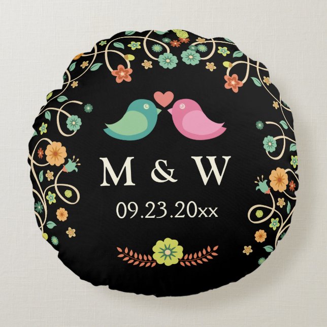 Stylish Wedding Monogram Floral Love Birds Couple Round Pillow (Front)