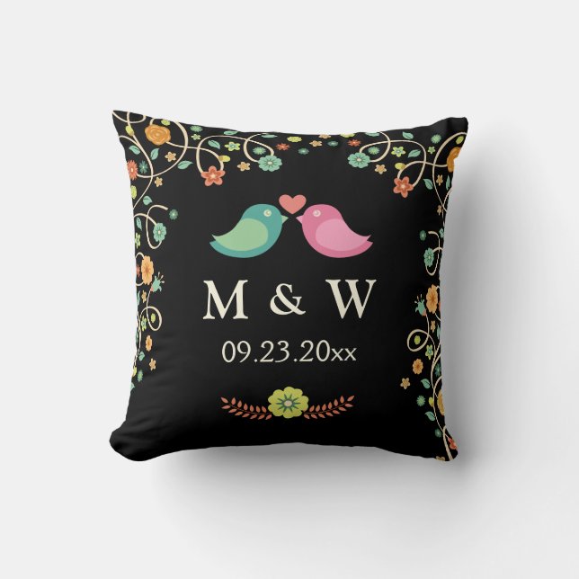 Stylish Wedding Monogram Floral Love Birds Couple Throw Pillow (Front)