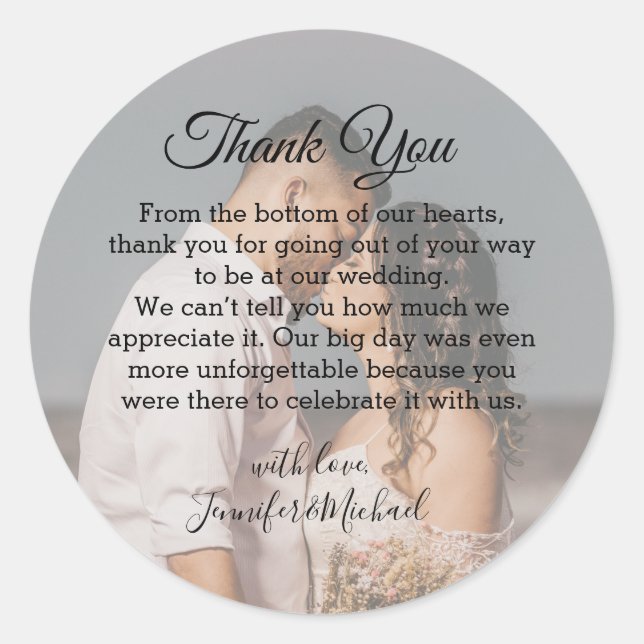 stylish wedding  photo classic script thank you  classic round sticker (Front)