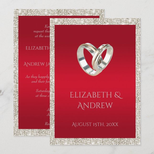 Stylish Wedding Rings, Ruby Red & Glitter Wedding Invitation (Front/Back)