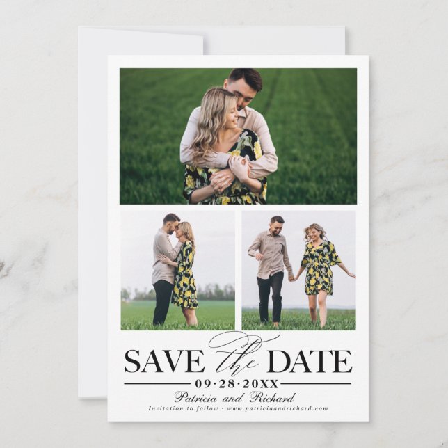 Stylish Wedding Save The Date 3 Photo Collage Invitation (Front)