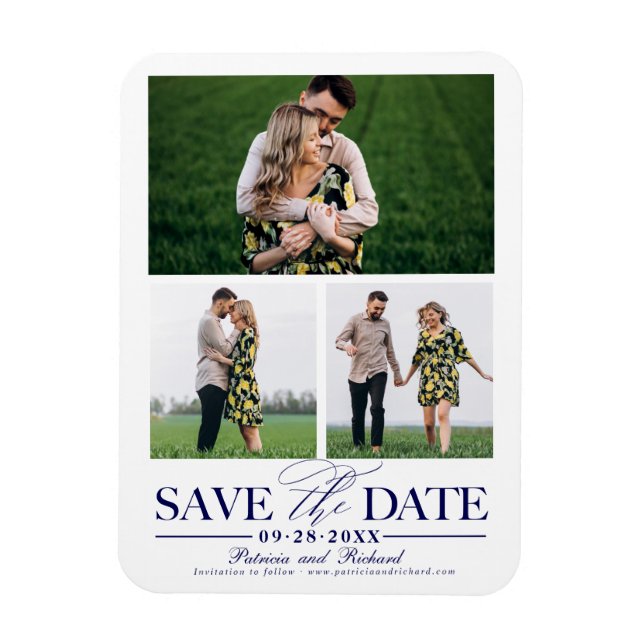 Stylish Wedding Save The Date 3 Photo Collage Magnet (Vertical)