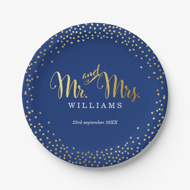 STYLISH WEDDING TABLE mini confetti gold navy Paper Plate (Front)