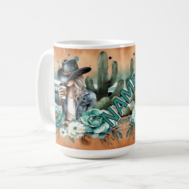 Stylish Western Design With Cactus and Cowgirl  Coffee Mug (Front Left)
