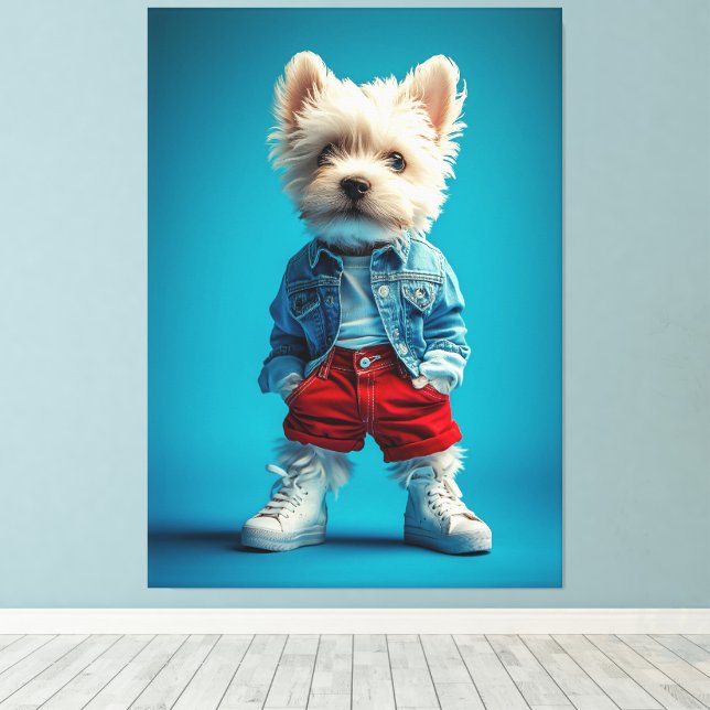 Stylish Westie Pup in Denim and Sneakers Canvas Print (Insitu(Wood Floor))
