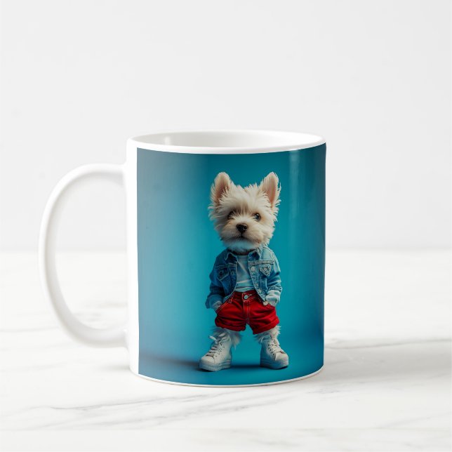 Stylish Westie Pup in Denim and Sneakers Coffee Mug (Left)