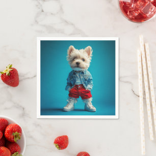 Stylish Westie Pup in Denim and Sneakers Napkin