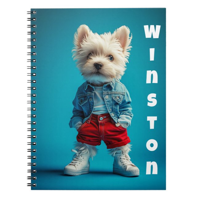 Stylish Westie Pup in Denim and Sneakers Notebook (Front)
