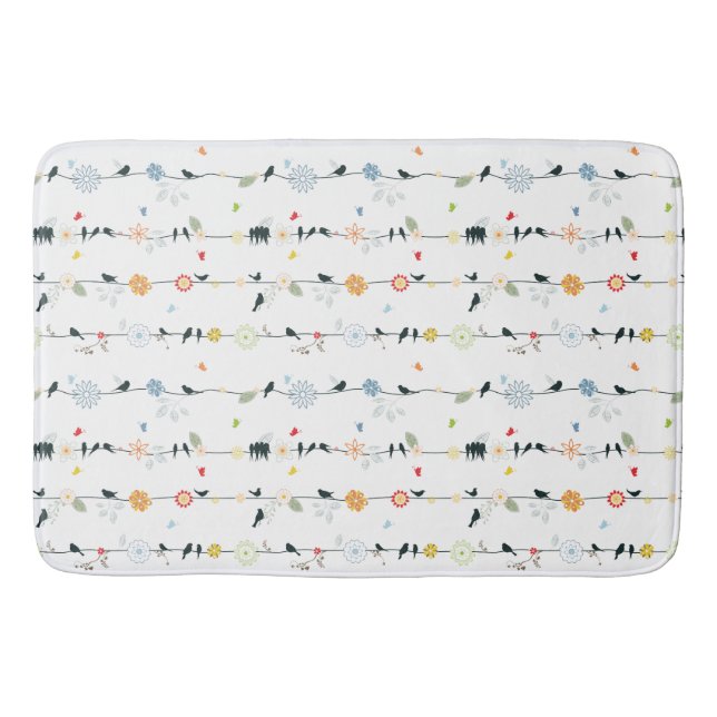 Stylish Whimsical Fun Black Birds & Flowers  Bath Mat (Front)