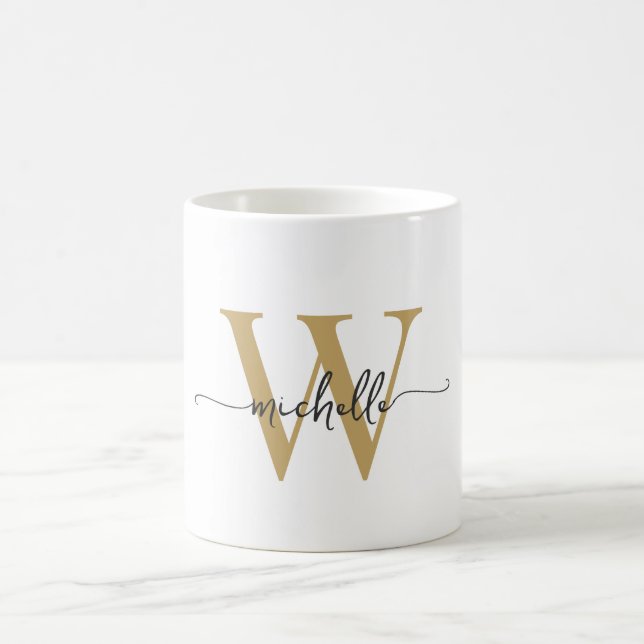 Stylish White and Gold Monogram Name Script  Coffee Mug (Center)