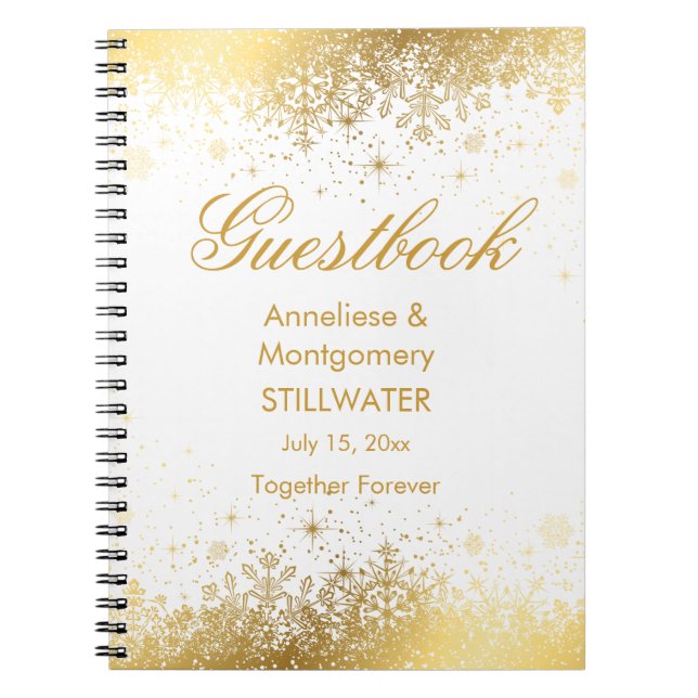 Stylish White and Gold Snowflakes - Guestbook Notebook (Front)