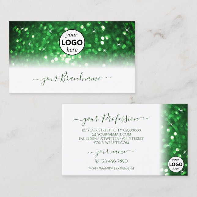 Stylish White and Green Sparkling Glitter Add Logo Business Card (Front/Back)