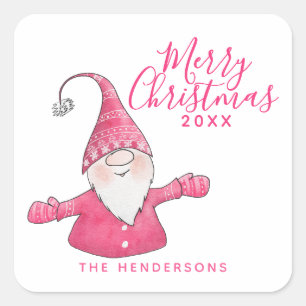 Stylish White and Pink Cute Gnome Merry Christmas Square Sticker