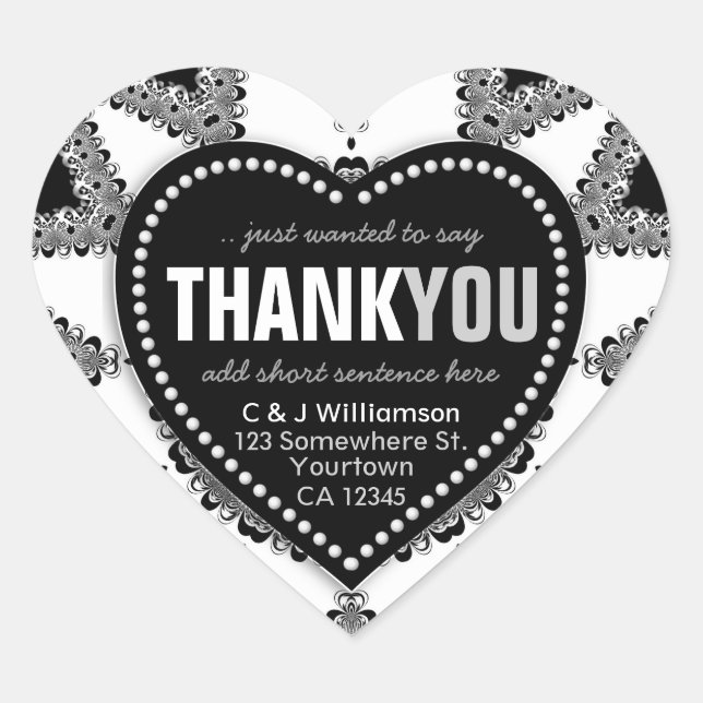 Stylish White & Black Lacy Thank You Heart Sticker (Front)