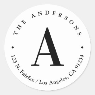Stylish White & Black Monogram Return Address Classic Round Sticker
