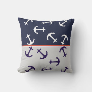 Stylish White Blue Anchors Sea Ocean Throw Pillow
